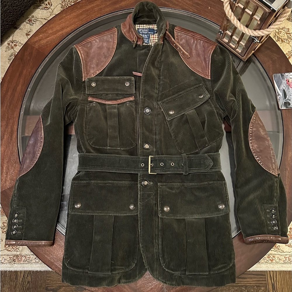 Ralph Lauren Gent’s Sz Medium Corduroy & Leather Safari Jacket w Surgeon Cuffs